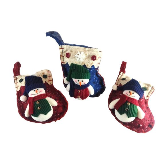 (3) Rustic Snowman Christmas Stocking Ornaments With Dot Accents - Red & Blue - Picture 6 of 8